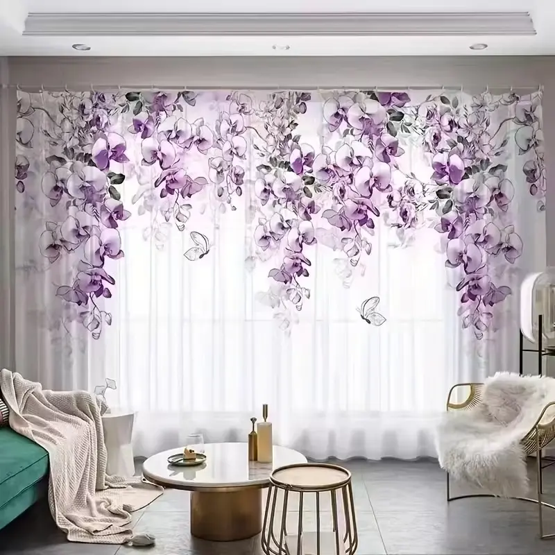Two-Piece Floral Print Sheer Curtains, Elegant Bedroom Drapes, Soft Breathable Fabric, Perfect Home Decor, Ca Prop 65 Compliant, Window Curtain, Sheer Printed Curtains, Home Decoration Curtain