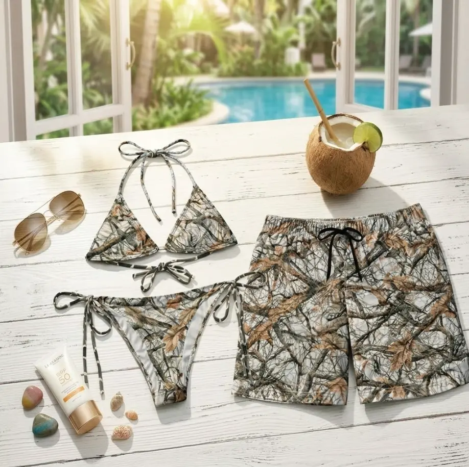 [Hot Summer 2026] - Realtree Tree Camo Matching Couples Swimwear Set, Women’s Triangle Bikini & Men’s Swim Shorts, His and Hers Beach Outfit, Summer Vacation Swimsuit