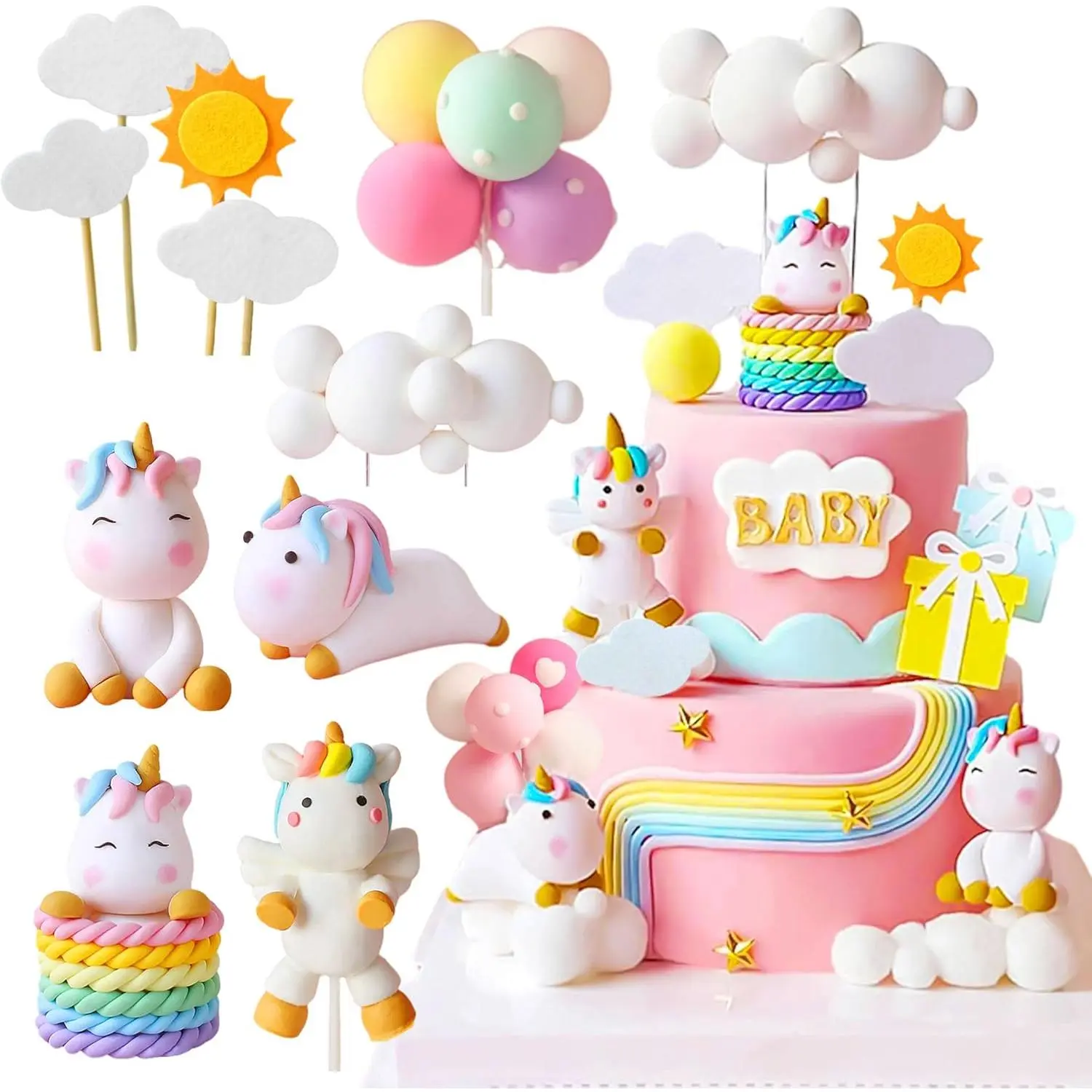 Luxury Rainbow Stripe Unicorn Cake Topper & Party Favors - Girl's Rainbow Birthday Decoration, Festive Home & Party Supply
