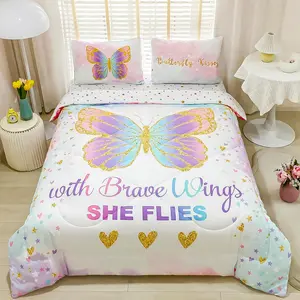 Twin Size Comforter Set for Girls, 5-Piece Bed in a Bag, 3D Colorful Butterfly Bedding Comforter Sheet Set, Soft and, Pink & Rainbow Color