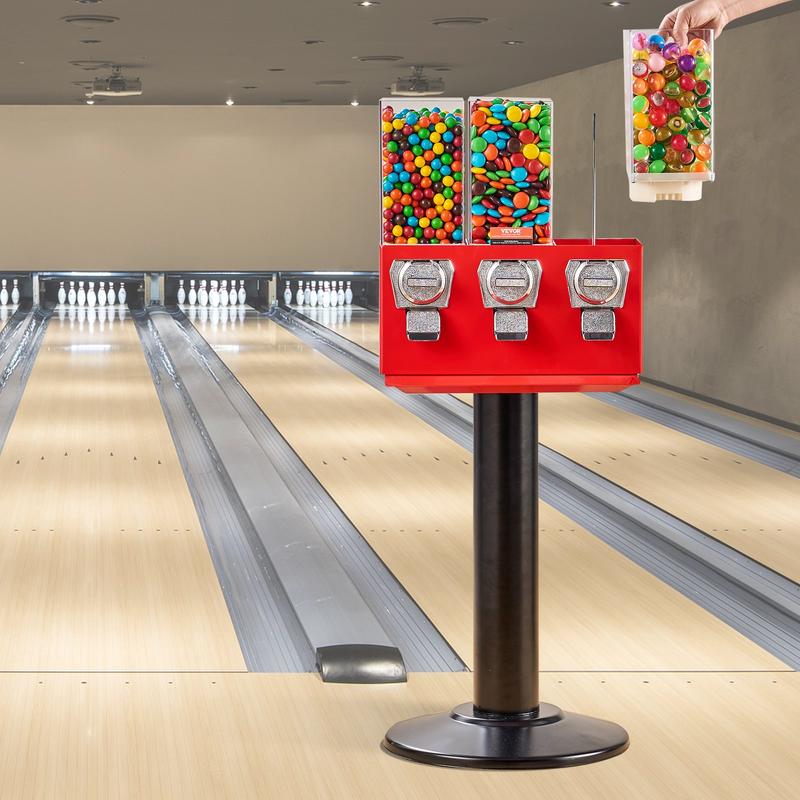 Commercial Vending Machine, Triple Compartment Candy Dispenser with Iron Stand, Gumball and Candy Machine for Business, Coin Operated Gumball Bank for Toy Capsules Bouncy Balls Candy Nut, Red