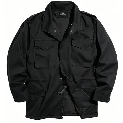Men's classic vintage collared zip-up long sleeve jacket, Casual Cargo Jacket, M65 field work jacket, multi-pocket design, drawstrings at the waist and hem, suitable for daily casual outdoor activities in spring, autumn, and winter