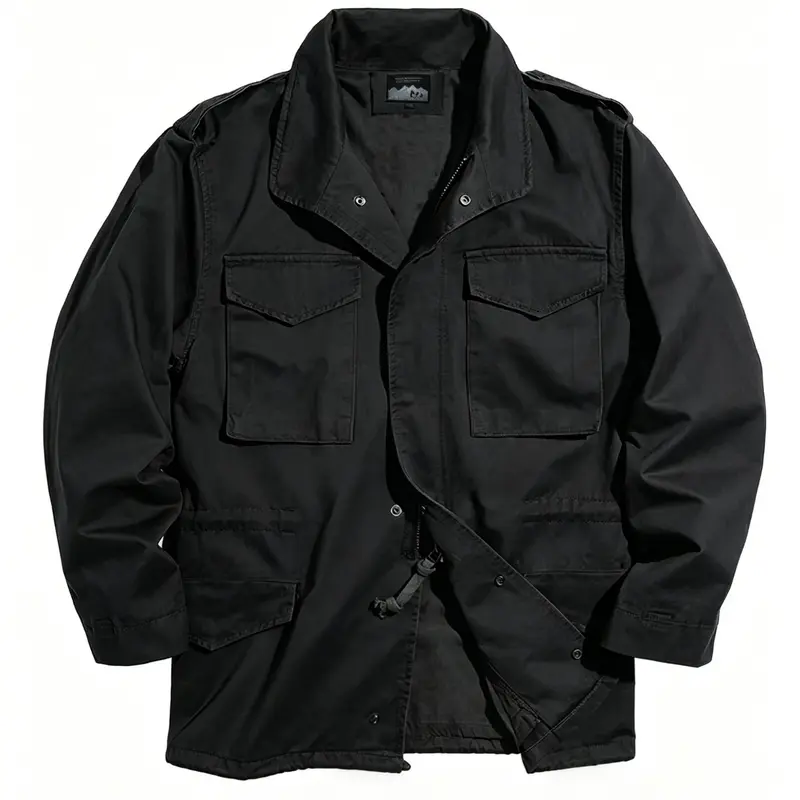Men's classic vintage collared zip-up long sleeve jacket, Casual Cargo Jacket, M65 field work jacket, multi-pocket design, drawstrings at the waist and hem, suitable for daily casual outdoor activities in spring, autumn, and winter