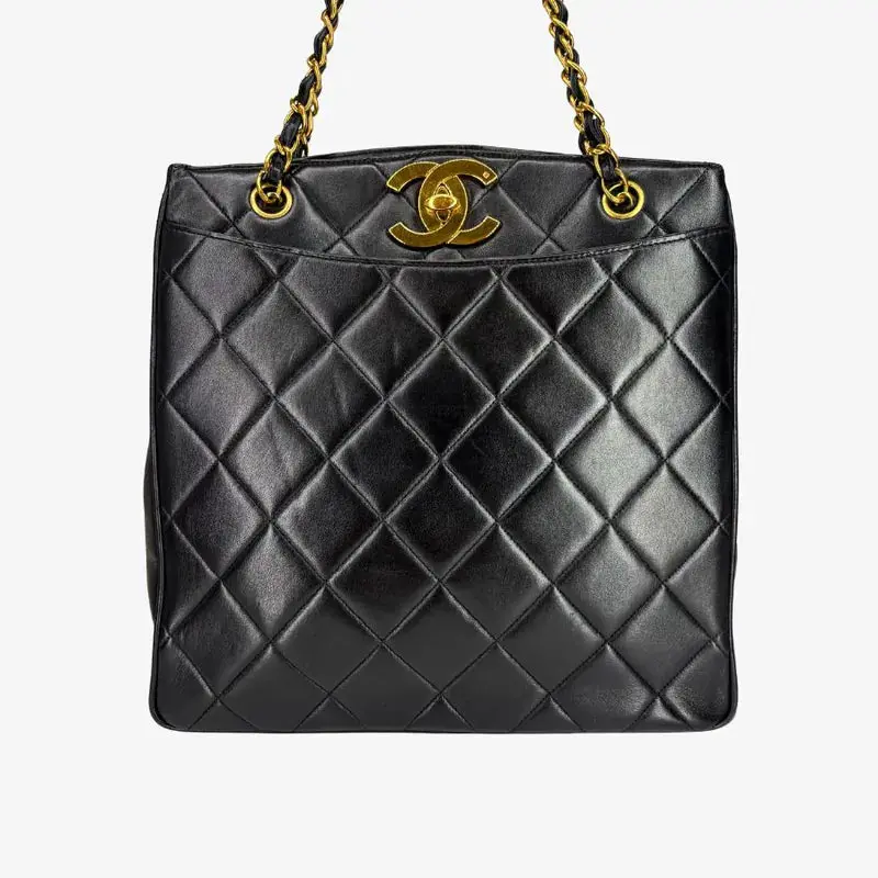 Pre-owned CHANEL Classic Black Quilted Lambskin Tote Purse with Oversized CC Turnlock, Chain Shoulder Handbag