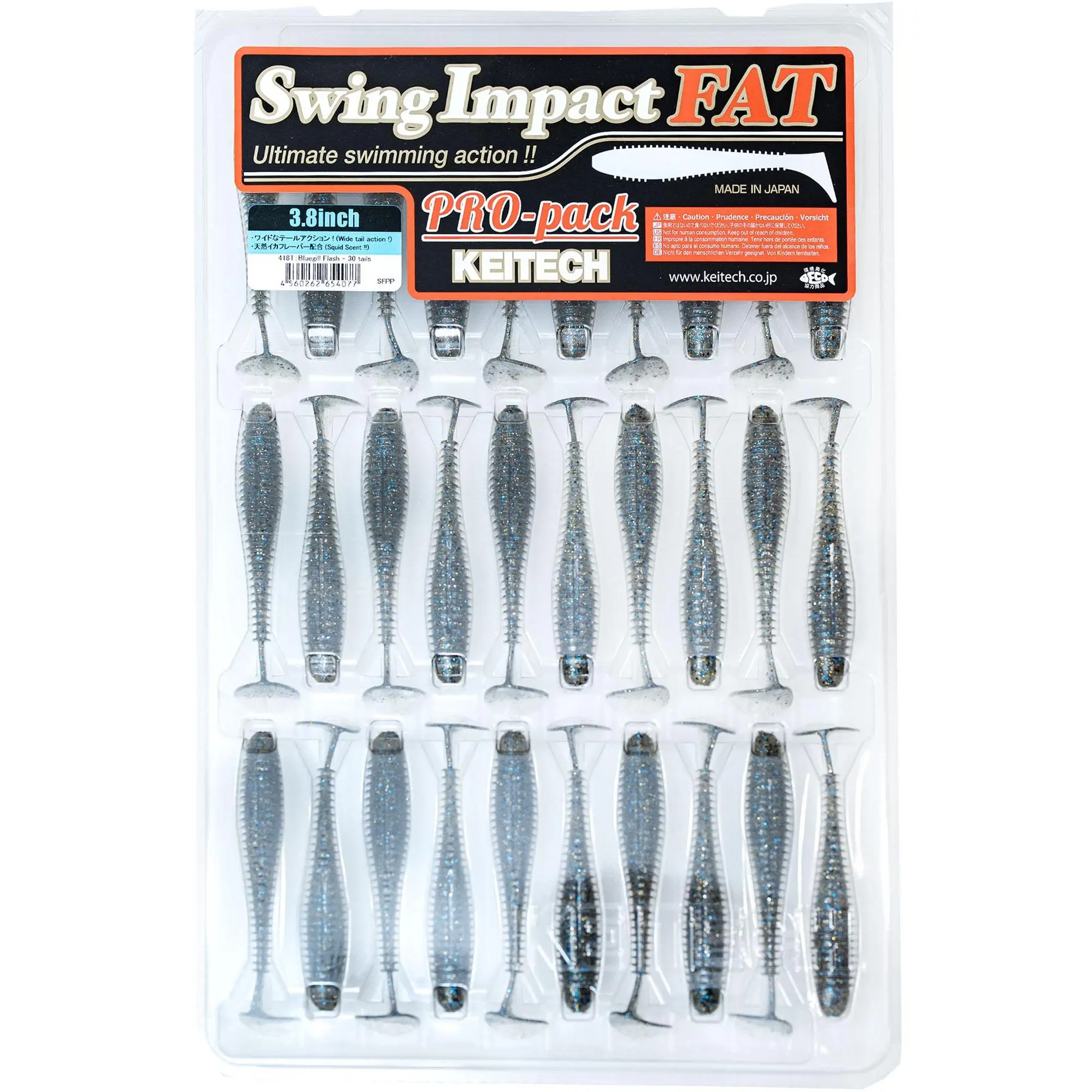 Keitech Fat Swing Impact Artificial Fishing Lure Kit - 3.8 in Center Rigged Ribbed Body 2-Tone Salted Plastics Soft Paddle Tail Swimbait, 30-Bait Pro Pack