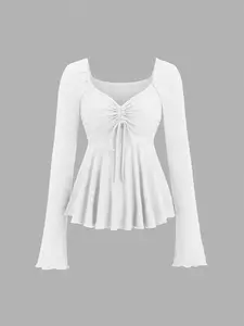 Women's Sweetheart Neck Long Sleeve Drawstring Fit Knit Top Knitwear, Casual Fall Fashion, Comfortable & Stylish Design for Daily Wear