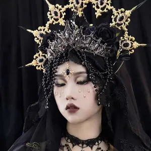 Unisex Gothic Tiara Crown - Elegant Crown Design Hair Accessory, Halloween Dark Wind Lolita Virgin Halo Headpiece with Black Roses, Gold Detailing