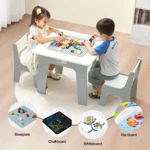 VEVOR 4 in 1 Kid Activity Table and 2 Chairs Set, Graffiti Building Blocks Double-Sided Tabletop, Toddler Play Table with Storage for Kids 3+ Years, Large Storage Space, Gift for Boys Girls, White