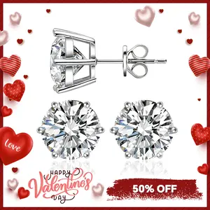 Delzzad S925 Six Prong Solitaire Earrings Round VVS Synthetic Moissanite Stud Earring Daily Costume Jewelry Accessories Perfect Birthday Wedding Anniversary Festive Gifts for Women Wedding Set