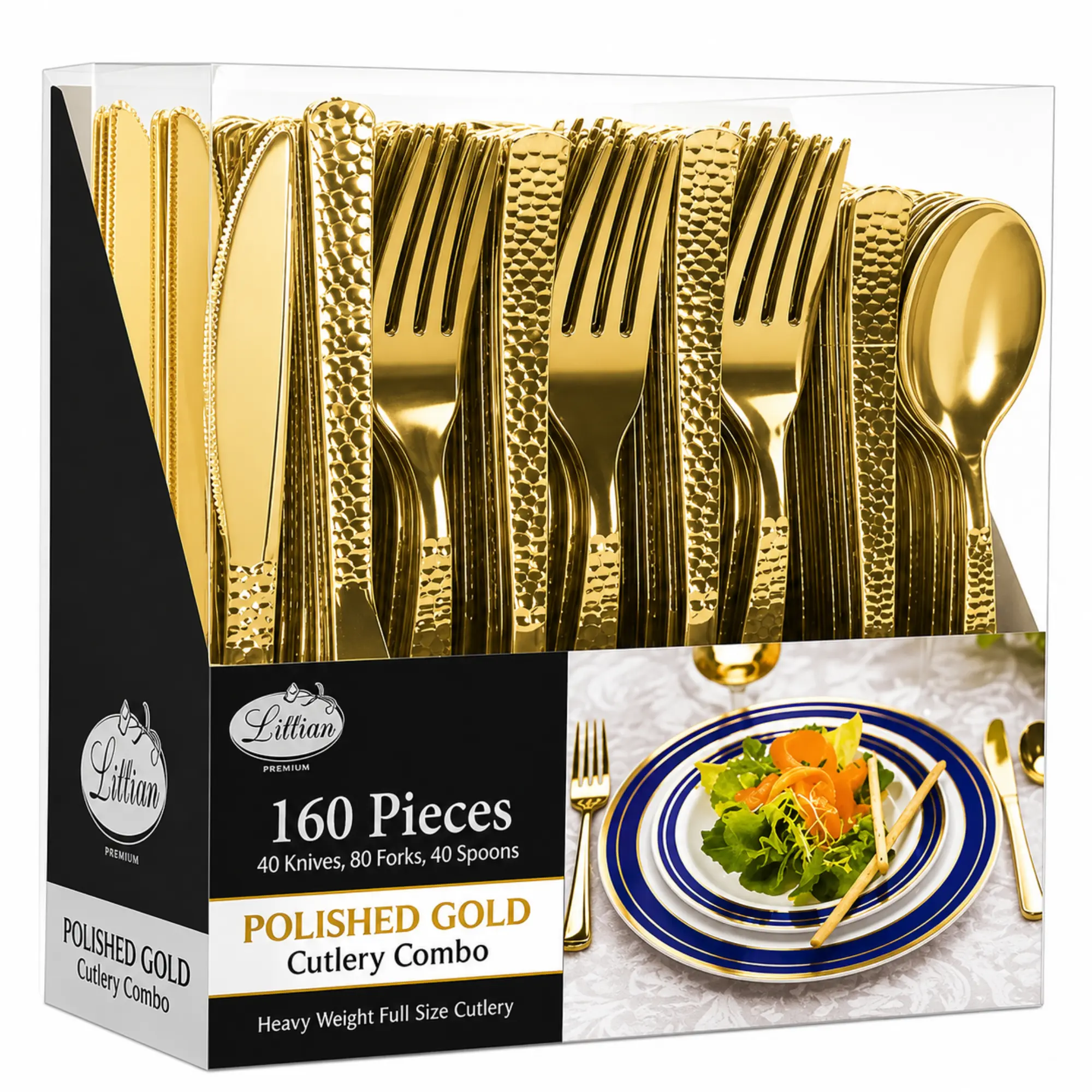VeZee Lilian Hammered Heavyweight Gold Plastic Cutlery Combo Pack 160 Pieces | 80 Forks, 40 Knives, 40 Spoons | Premium Disposable & Reusable Flatware for Weddings, Parties & Events