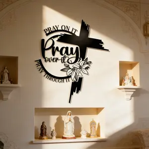 1 piece of elegant and simple "Prayer" cross wall art - retro style metal logo with lily design, suitable for home, office, kitchen, terrace, caf é and bar decoration - Religious Home Decor - durable iron, easy to hang - Stylish Religious Decor