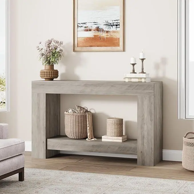 Sturdy Rustic 47.24in Rectangle Farmhouse Console Table - 2-Tier Wooden Sofa Table with Storage for Entryway, Living Room, Gray