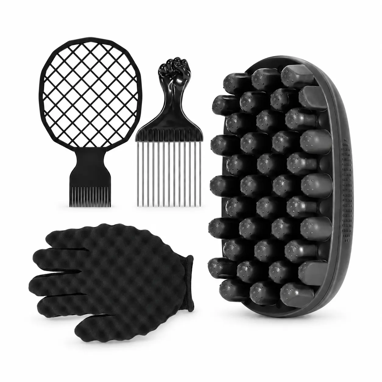 Hair Twist Brush and Curl Styling Kit, 4-Piece Set with Textured Curl Tool, Twist Grid Comb, Metal Afro Pick and Black Glove