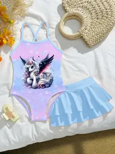 Girls' Moon Unicorn One-Piece Swimsuit, Gradient Stars Bathing Suit, Blue Cake Dress Cover-Up, Summer Beachwear Two-Piece Set, Unicorn Swimsuit Outfit, Star Print Swimwear