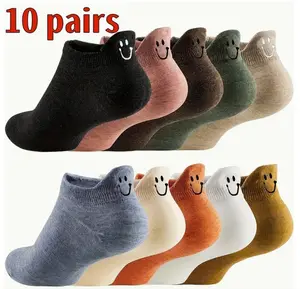10 pairs of ladies' short socks 1 pack Soft & Comfortable Low-Cut Design, Smiling Face Pattern, Assorted Colors (Black, Pink, Brown, Green, Beige, White) - random color, Cute Socks Womenswear womens summer off the shoulder tops going out t shirts crop top