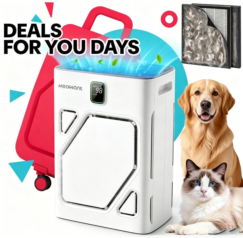 Meowant Pet Air Purifier with True HEPA Filter, H13 Grade, Dual U-Shape Inlets, 6-Layer Filtration, PM2.5 Monitor, Quiet Sleep Mode, Smart AQI Display, 2600 ft² Coverage, ETL Certified (for Pet Lovers)