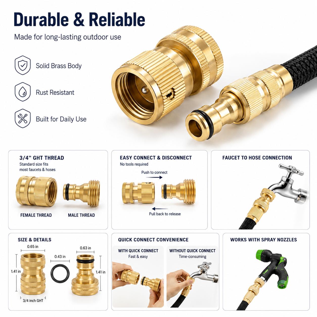 Garden Pipe Quick Connect Fitting, 1 Set Premium Brass 3/4 Inch GHT Thread Joint, Tight-Seal Male & Female Hose Coupler, Practical Outdoor Water Pipe Accessory for Summer Yard Work