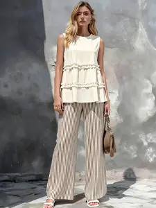 2026 Women's New Sleeveless Striped Ruffle Capri Set, Stylish and Comfortable, Perfect for Casual Wear, Trendy Fashion Choice for Everyday Use