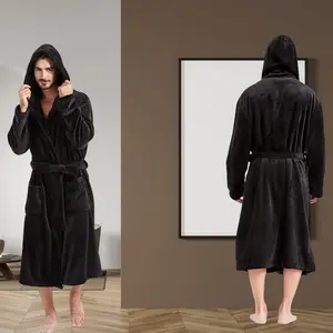 FashGudim Mens Hooded Robe Plush Shawl Collar Kimono Bathrobe Soft Warm Flannel Fleece Spa Robes House Coat Pajamas Plush Hooded Menswear Belt Loungewear Big