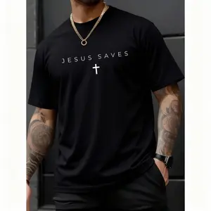 100% Cotton Jesus Saves Cross Subtle Christian Minimal Religious Faith T-Shirt, Western Outfits Shirts Men's Graphic Tees Top