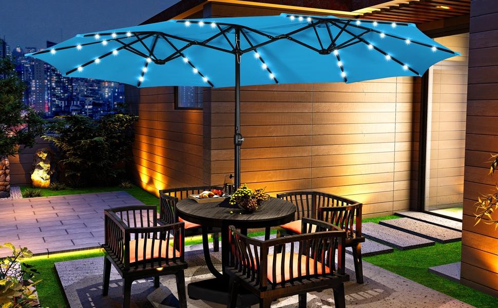 【Solar LED Lights Umbrella】Yaheetech 15/13ft Large Patio Umbrella, Outdoor Double-Sided Rectangle Umbrella with 36 LED Lights & Crank for Patio Garden Pool Lawn Backyard, Base Included