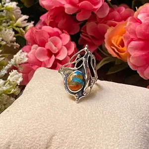 Sterling Silver Orange Spiny Turquoise Intricate Etched Ring Size 7.5