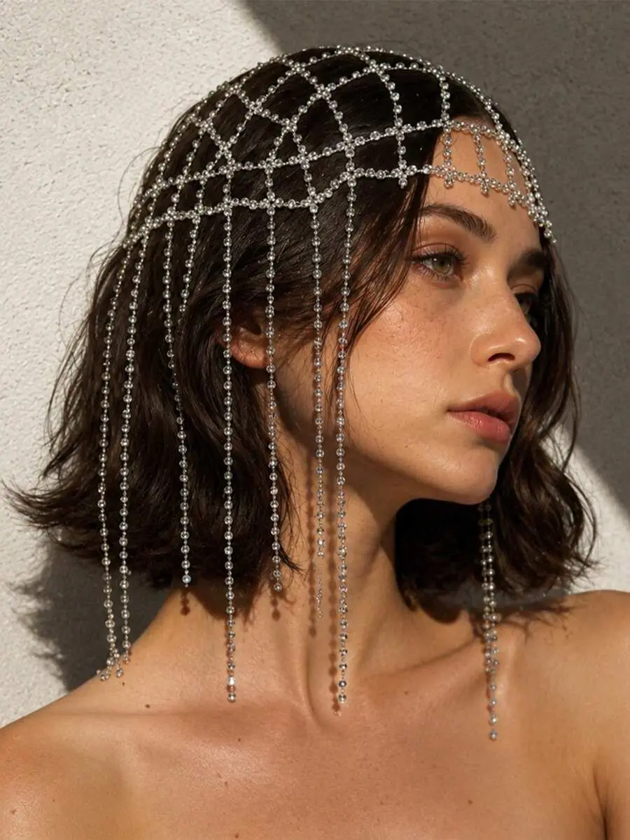 1pc Sexy Mesh Headpiece Personalized Tassel Hair Chain Women's European & American Fashion Accessory,Head Jewelry