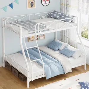 Metal Bunk Bed Twin Over Full, Modern Heavy Duty Bunkbeds with Safety Guard Rails & Space-Saving Design, Steel Twin Bunk Beds for Bedroom, School, Student, White/Black/Grey(2 Packages)