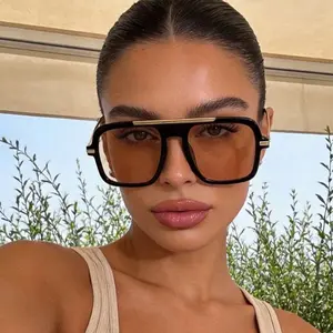Women's Full-Rim Acetate Retro Square Sunglasses - PC Lenses, Gold Metal Accents, Tinted UV Protection, Oversized Frames, Beach Summer Accessory
