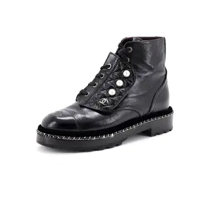 Pre-owned Chanel Women's Cap Toe CC Chain Around Pearl Combat Boots Leather by Rebag