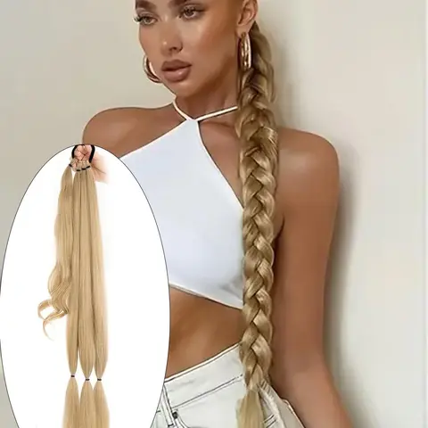 26/30/34 Inch Long Braided Ponytail Extension with Hair Tie, Synthetic Braids, Straight Wrap Around Hair Extensions, Natural Soft Synthetic Hair Piece for Women Daily Wear, Synthetic Hairpiece, Synthetic Ponytail Hairpieces