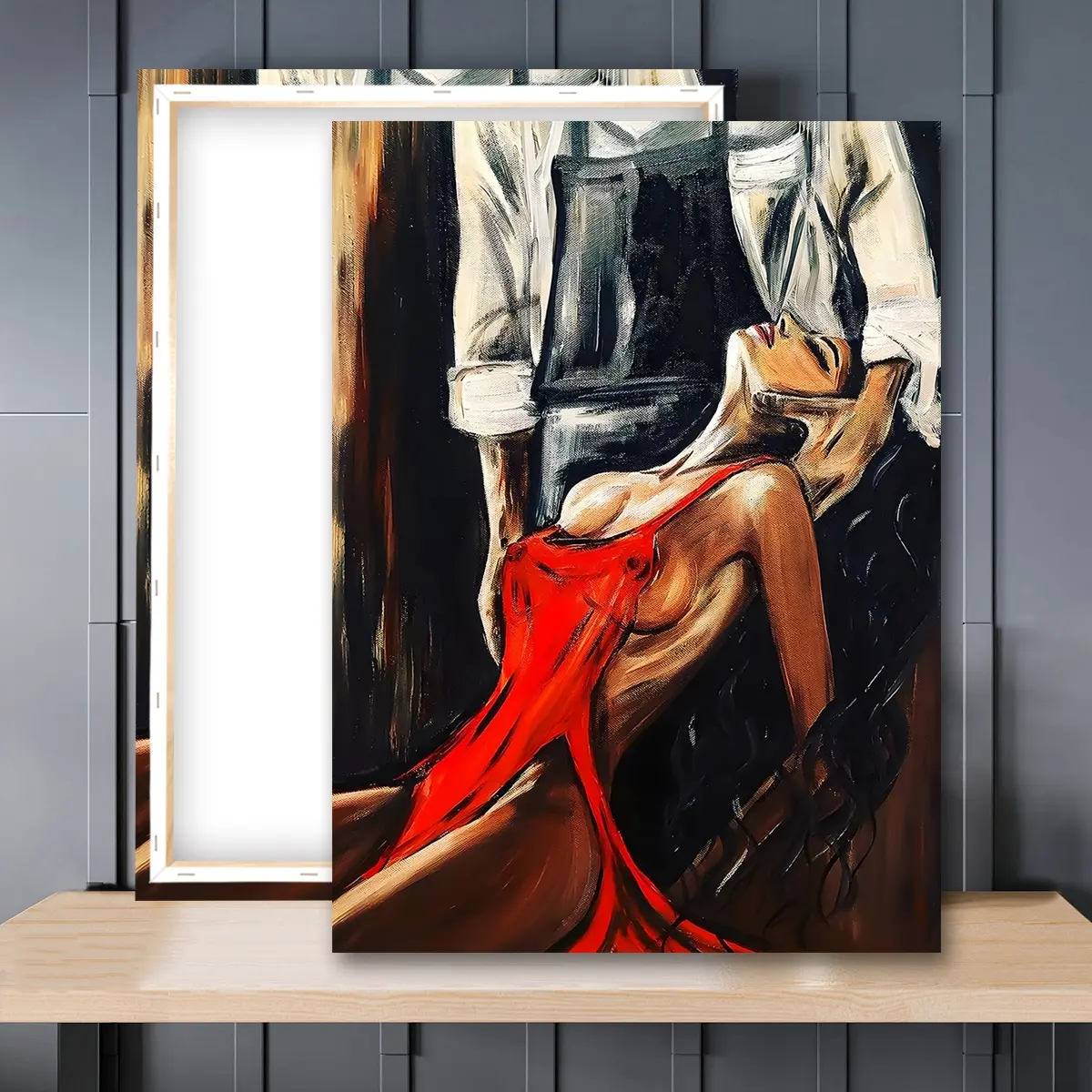 1pc Wooden Framed, Passion Lost in Flame Red Canvas Poster, Image Prints, Oil Painting Print, Sexy Woman Wall Art Print, Sensual Bedroom Wall Decor, Romantic Art Room, Home Decoration, Art Work For Wall Decor, Perfect Gift Idea