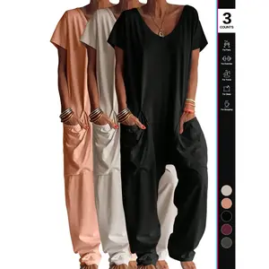 2026 women’s casual jumpsuit, short-sleeved V-neck harem pants, loose and wide-leg, suitable for all seasons, fashionable and comfortable GARMENTARY