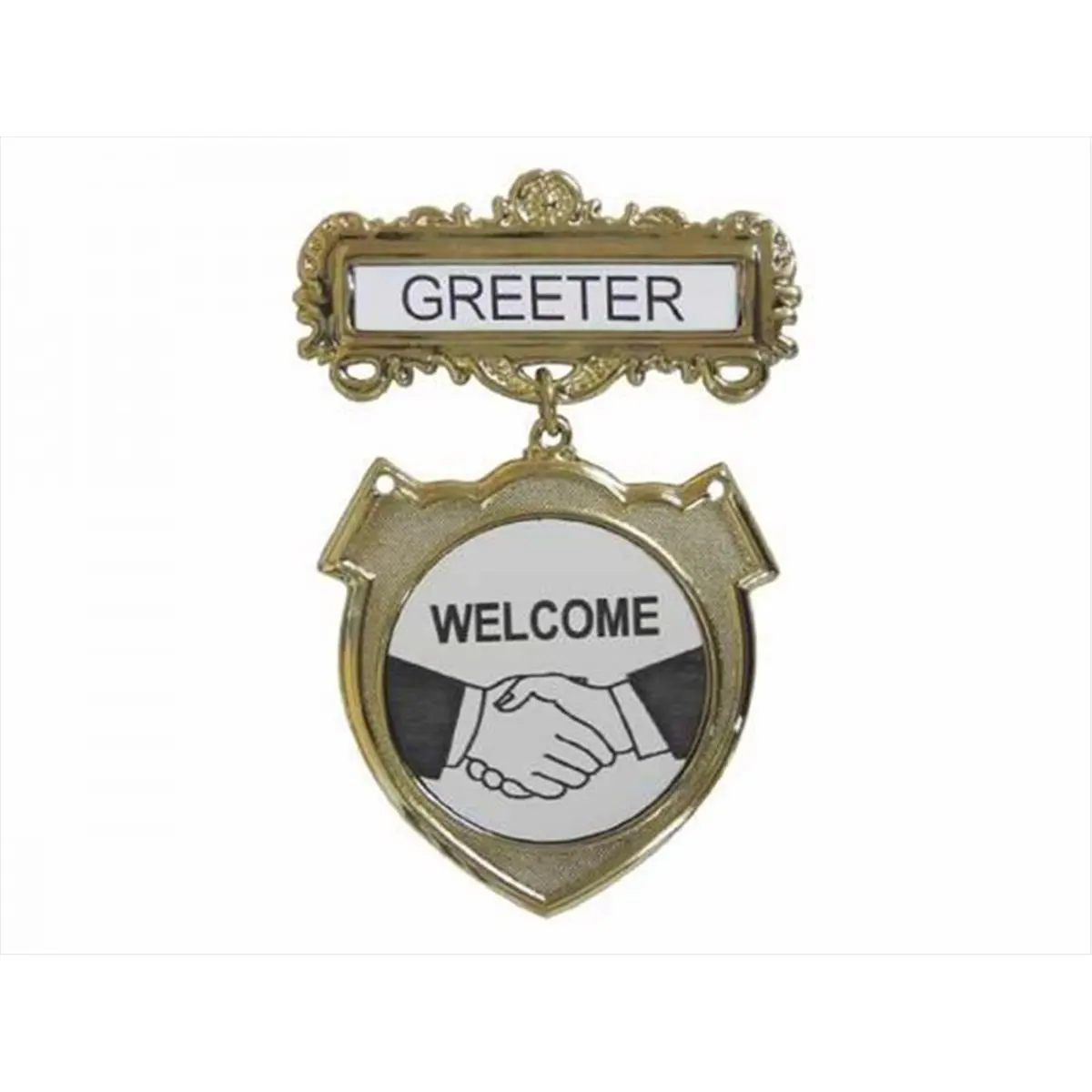 Swanson Christian Supply Designer Metal Pinback Badge, Unisex Brass Shield Pin with Welcome Decal, Large 3.5 in. Collar Clip Brooch