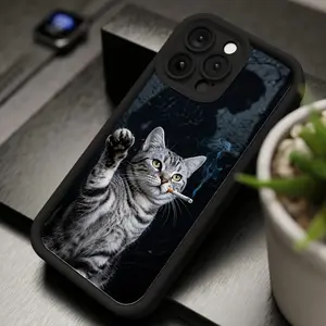 Artistic Smoking Funny Cat Pattern Black TPU Phone Case Protective Case Suitable for Apple iPhone 16 15 14 13 12 11 Pro Max Plus, Supports Lens Protection, Light Up Phone Case with Cats, Rectangle Phone Case, Phone Case Strap, Animal Phone Case, Compatibl