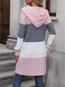 Women's Long Sleeve Open Front Sweater Fashion Striped Color Block Knit Coat Loose Fit Comfortable Pullover with Hat