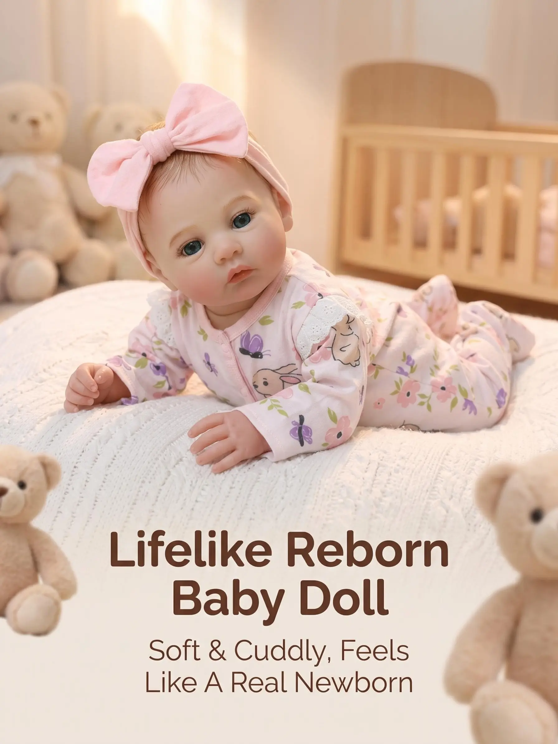 18-Inch Full Body Vinyl Open Eyes Realistic Newborn Reborn Baby Girl Doll with Pink Bunny Floral Headband & Big Pink Bow, CPC Certified, Handmade Collectibles for Adults 18+, Girl Gift, Christmas Toy