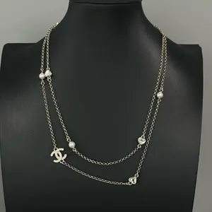 Pre-owned Chanel CC Logo Pearl & Heart Crystal Long Necklace LDZ0043