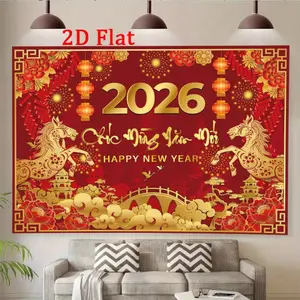 ​1pc Chinese New Year Banner Red Golden Lanterns Fireworks Money Design Large 2D Flat for Home Office Party Decoration