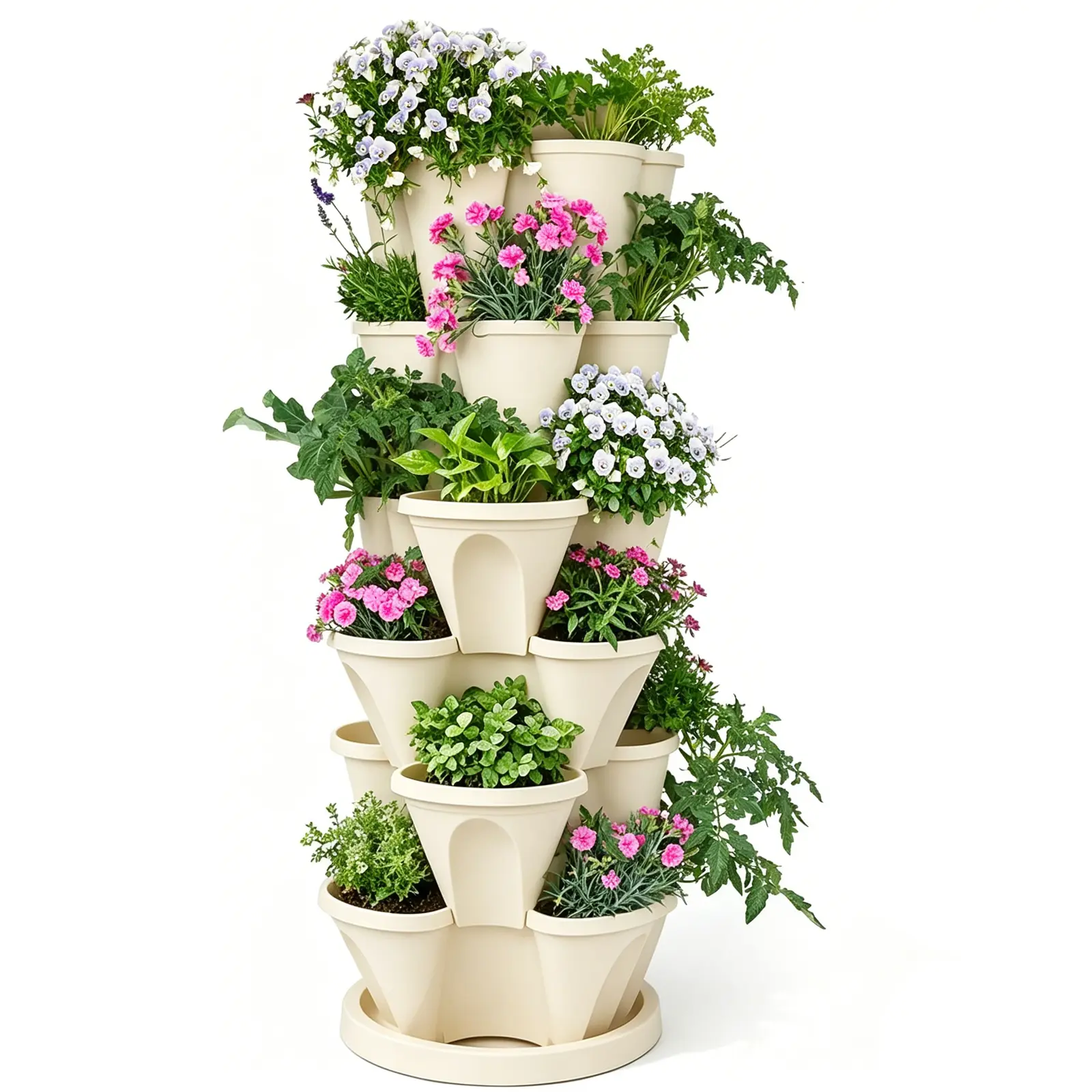 6 Tier Vertical Planter Stackable Tower Planters Strawberry Herb Flower and Vegetable Pots Indoor Outdoor Gardening Pots with Removable Wheels and Tools(Beige)
