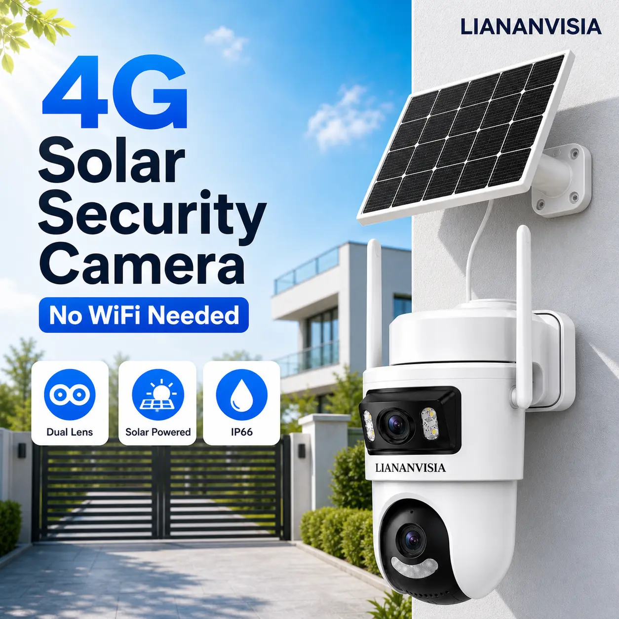 Outdoor Solar-Powered 4G Cellular PTZ Security Camera, Built-in SIM Card, No WiFi Needed, 2K Dual Lens Dual Screen, 355° Pan 90° Tilt, AI Human Detection, Auto Tracking, Color Night Vision, 2-Way Audio, IP66 Weatherproof