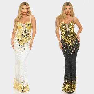 Gold Mirror Sequin Maxi Dress White Black Glam Evening Gown Formal Womenswear Wedding Guest Dresses Elegant Design Polyester Spandex Comfortable Fit