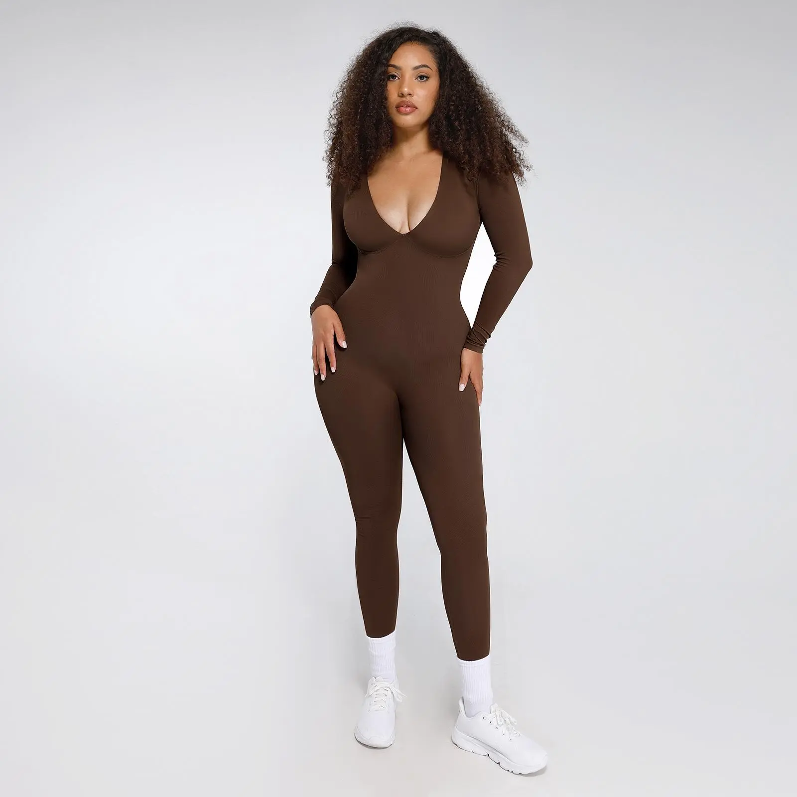 Women's Plus Size Seamless Sporty Chic Elasticity Jumpsuit - Deep V-Neck Long Sleeve Tummy Control Catsuit with Waist Cinching, Flattering Fit for Sports & All-Day Wear, Elasticity Women's Sports Jumpsuits