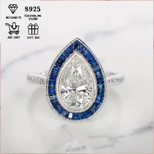 [Blue Pear-Shaped Ring] 2-Carat Moissanite Blue Pear-Shaped Women's Wedding Ring - 4.1G S925 Silver - Perfect for Proposals, Engagements, Weddings, Thanksgiving, Mother's Day, And Anniversaries, Comes in a Beautiful Gift Box