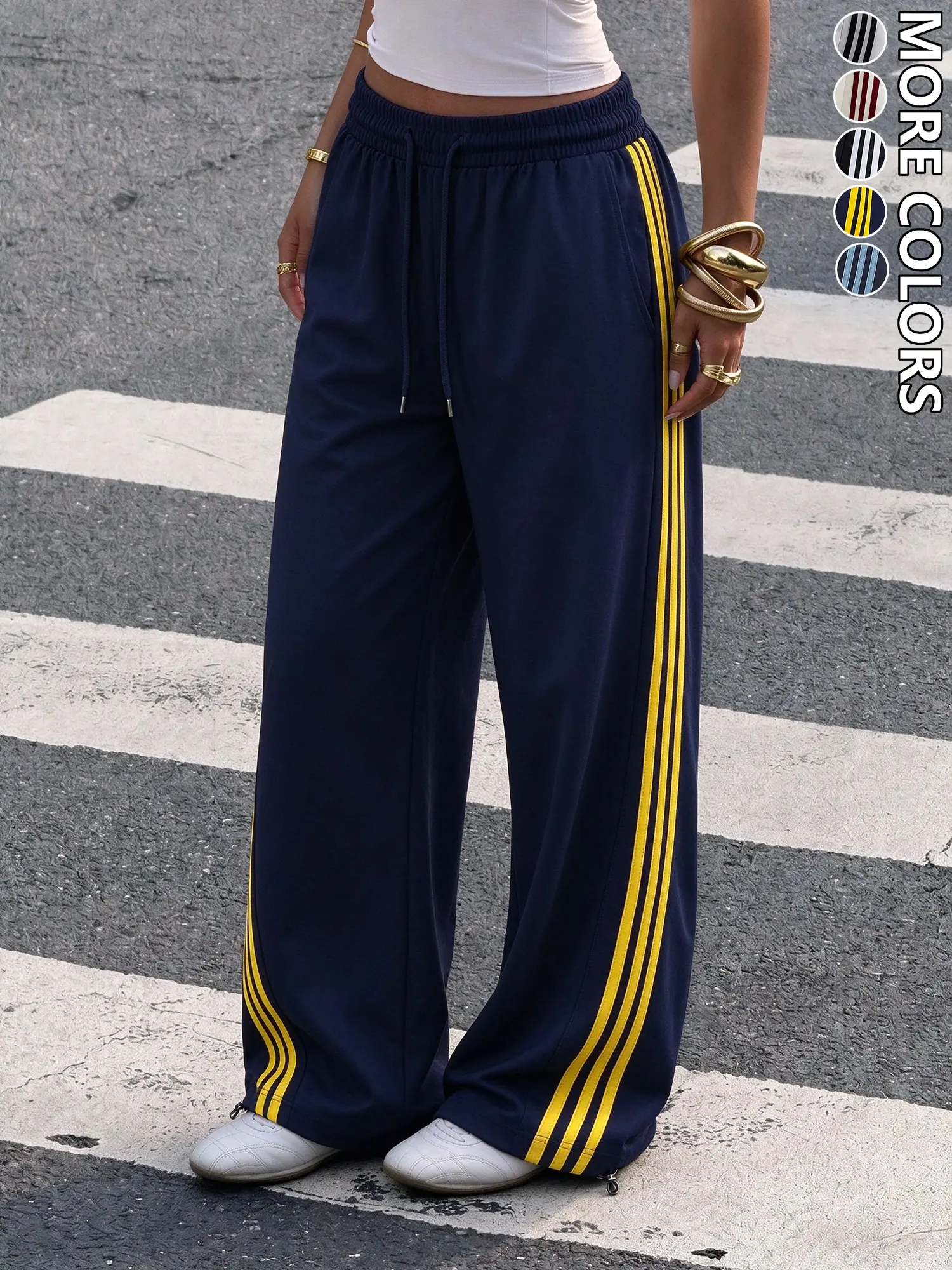 Y2K Retro Track Pants for Women Navy Blue Striped Side Wide Leg Drawstring Waist Adjustable Hem Casual Streetwear Fall Spring Daily Sporty Trendy Womens Fashion Joggers Bottom