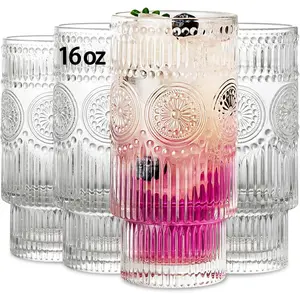 4 Pack Large 16oz Ribbed Glassware Set, Flower Design Stackable Glass Cups,  Textured Clear Striped Drinking Glasses Set, for Bar Beverages,Juice,Water,,Iced Coffee
