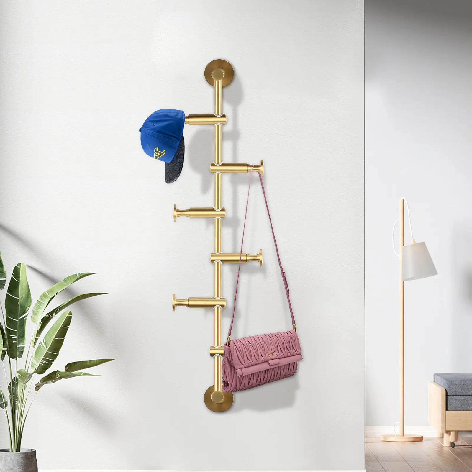 CNCEST Brushed Gold Plated Vintage Wall-Mounted Garment Rack, Sturdy Adjustable Indoor Coat Rack with 6 Swivel Hooks, Decorative Retro Brown Organizer for Hats/Jackets, 44.1 lbs Load Capacity, Simple Setup, Easy to Clean for Entryways/Living Rooms, Single