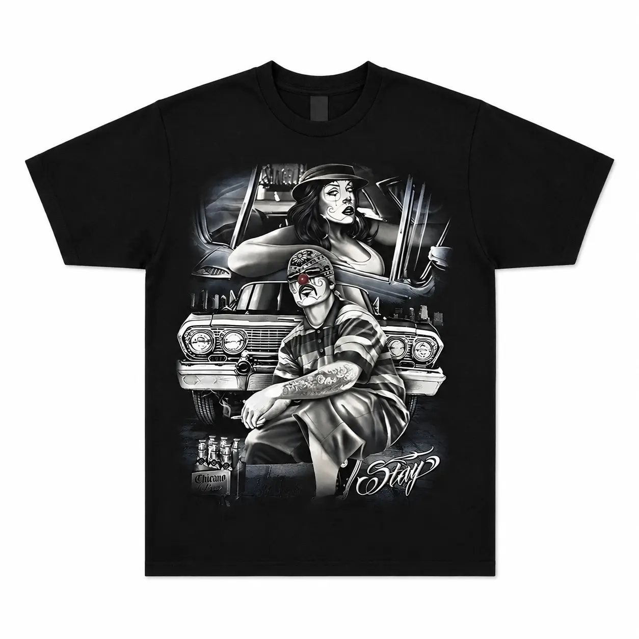 Stay Cholo LowRider Casual Fashion Short-Sleeve Round Neck Streetwear Cotton T-Shirt - Hand or Machine Washable, Ideal for Daily Life & Summer, Versatile with Jeans & Beach Shorts, Great Gift Option, Shortsleeve, Top, Tshirt, Daily Wear, Black, Menswear,