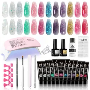 Dld 12 Color Glitter Nail Extension Gel Kit, UV Lamp Included, Long Almond Nails, DIY Manicure Set for Home Use, Beginner Friendly