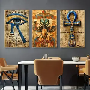 3pcs Egyptian Style Triptych Art Oil Paintings with Wooden Frame, Mystery Vintage Wall Decor, Home Decoration Hanging Canvas